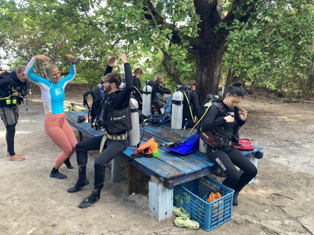 students preparing for scuba in sulawesi